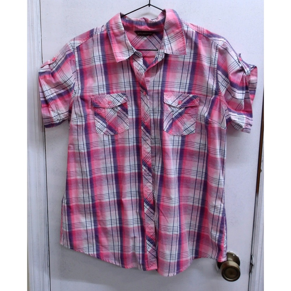 Bit & Bridle Pink Purple Plaid  Button Up Shirt Western Top Lg/#26409